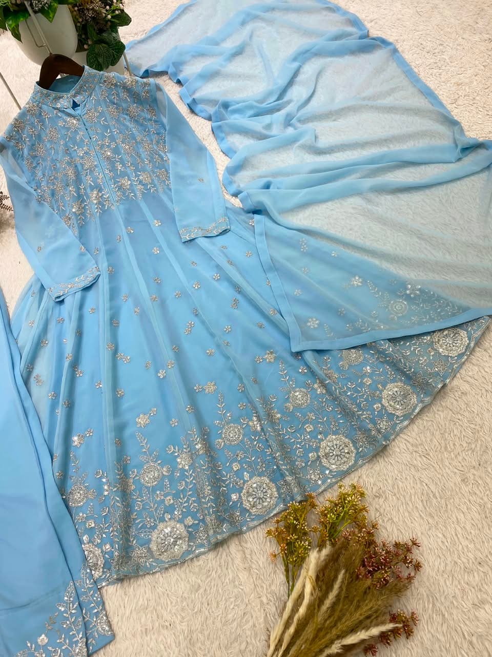 Designer Sequence Embroidered Georgette Top & Pant Set - Sky Blue photo 8