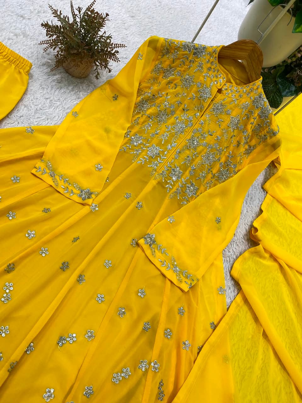 Designer Sequence Embroidered Georgette Top & Pant Set - Goldenrod Yellow photo 5