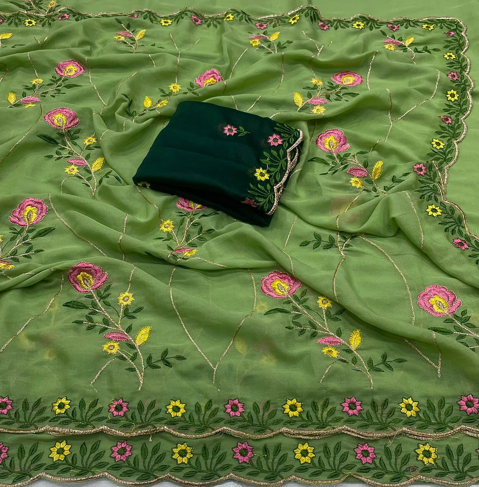 Star Georgette Embroidered Saree with Embroidered Blouse Piece - Pistachio Green Saree with Contrast Forest Green Blouse photo 16