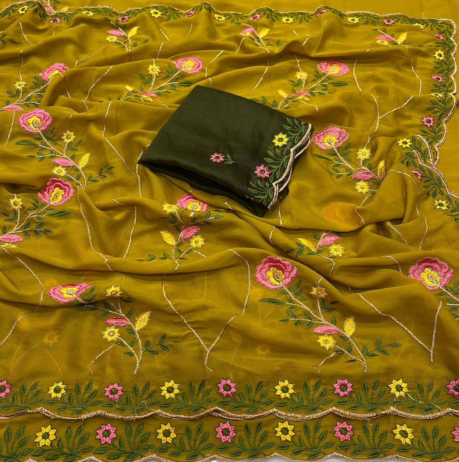 Star Georgette Embroidered Saree with Embroidered Blouse Piece - Olive Mehndi Green Saree with Contrast Bottle Green Blouse photo 6