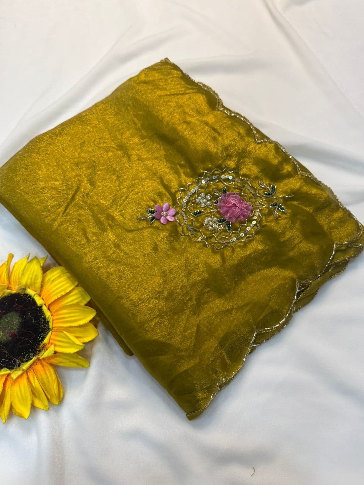 Exclusive Sequins & Katdana Handwork Saree Set - Olive Gold photo 8