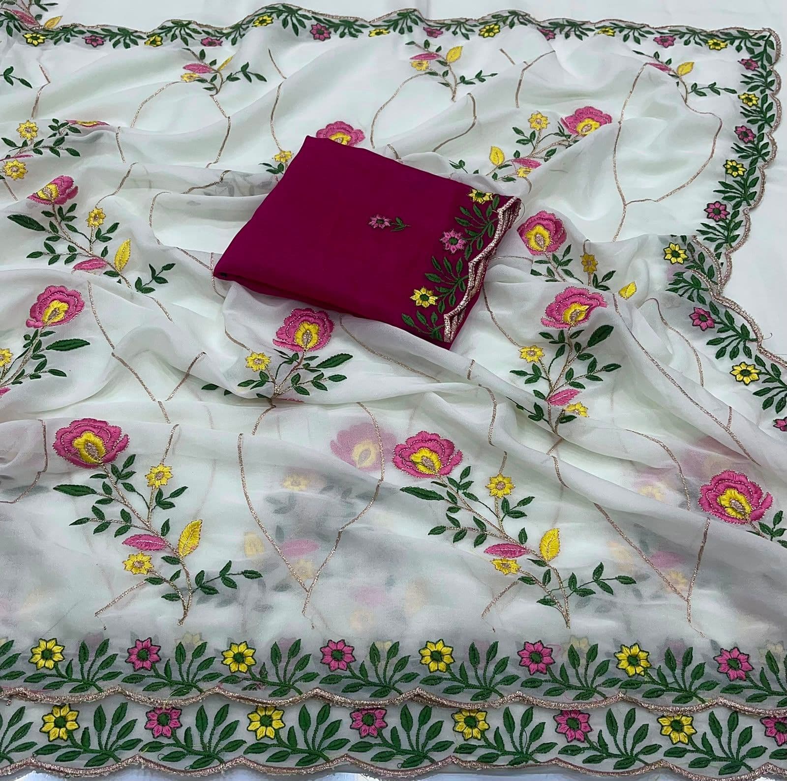 Star Georgette Embroidered Saree with Embroidered Blouse Piece - Pearl Ivory White Saree with Contrast Wine Red Blouse photo 2