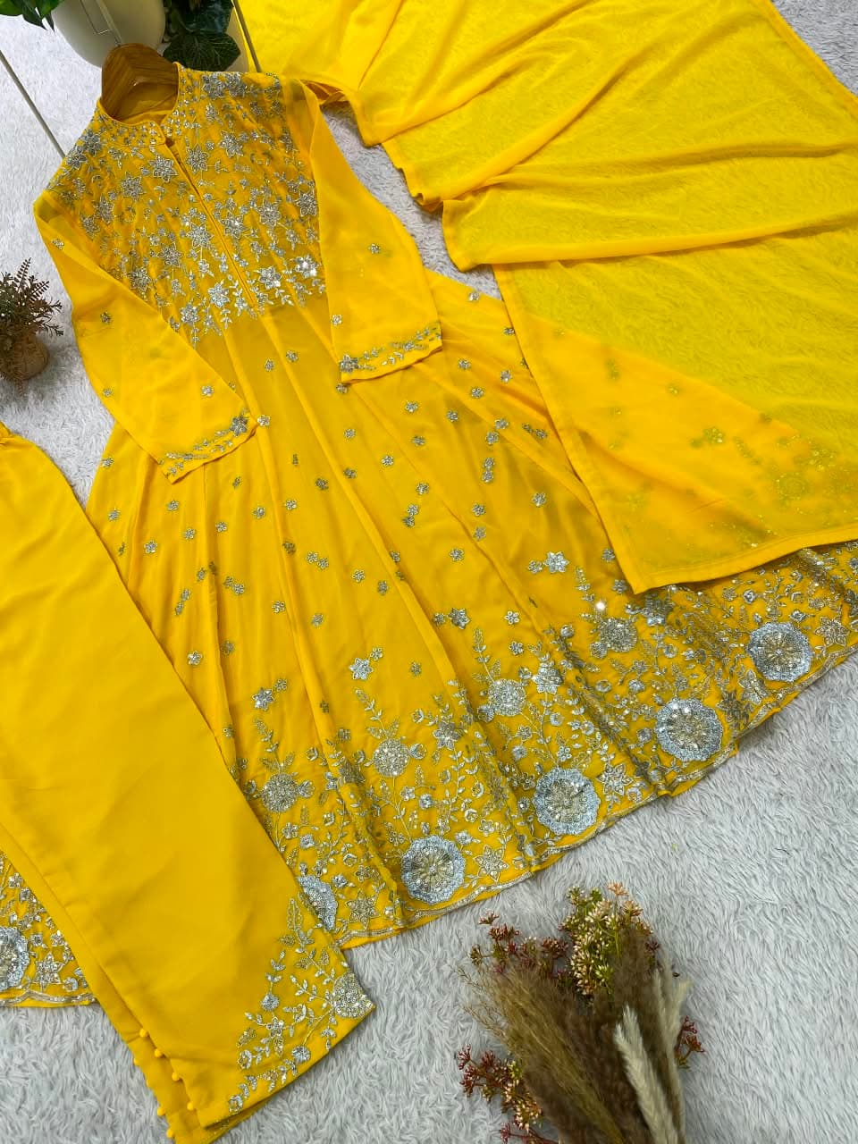 Designer Sequence Embroidered Georgette Top & Pant Set - Goldenrod Yellow photo 4