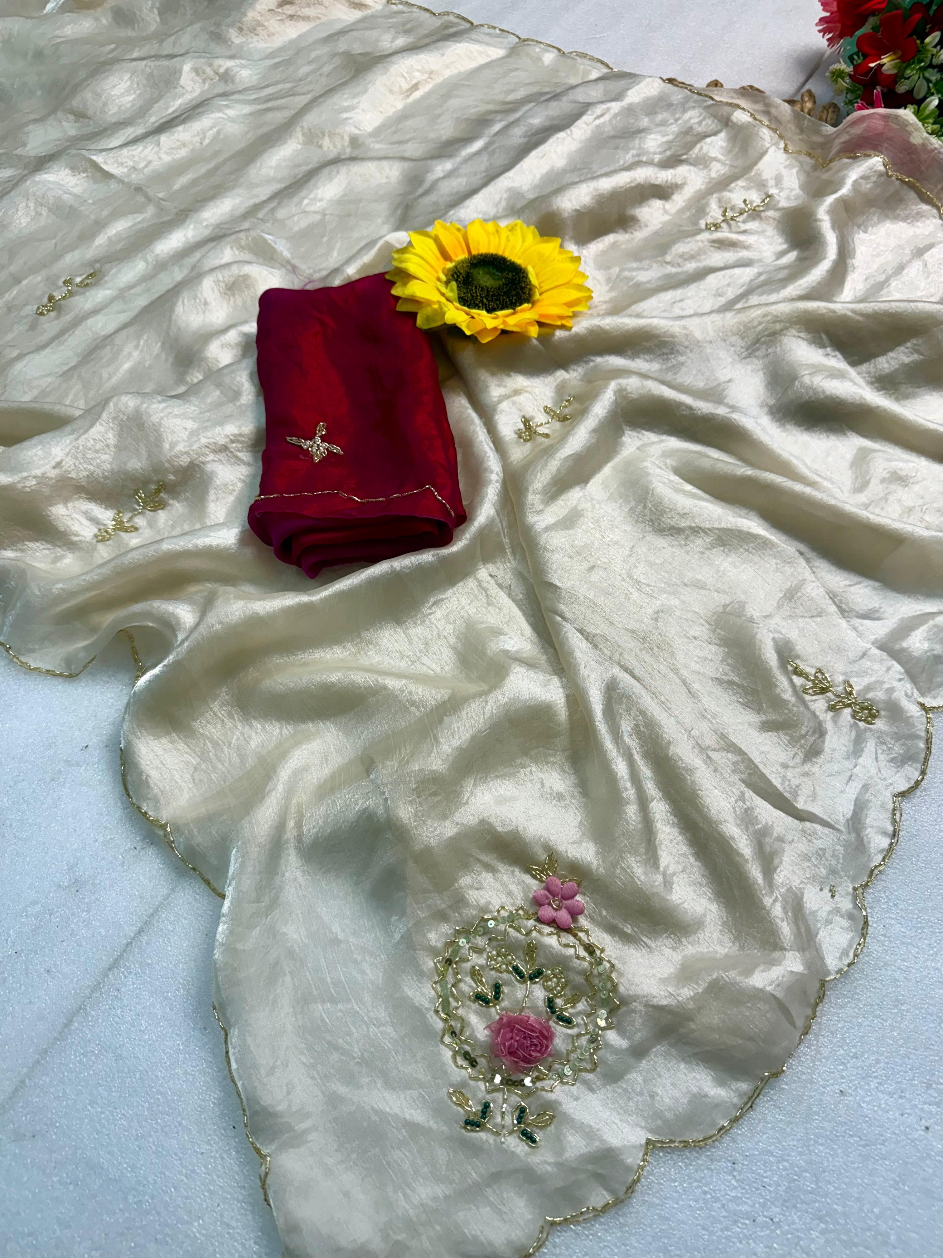 Exclusive Sequins & Katdana Handwork Saree Set - Champagne Cream Saree with Contrast Crimson Red Blous photo 3