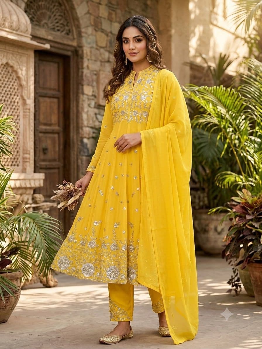 Designer Sequence Embroidered Georgette Top & Pant Set - Goldenrod Yellow photo 3
