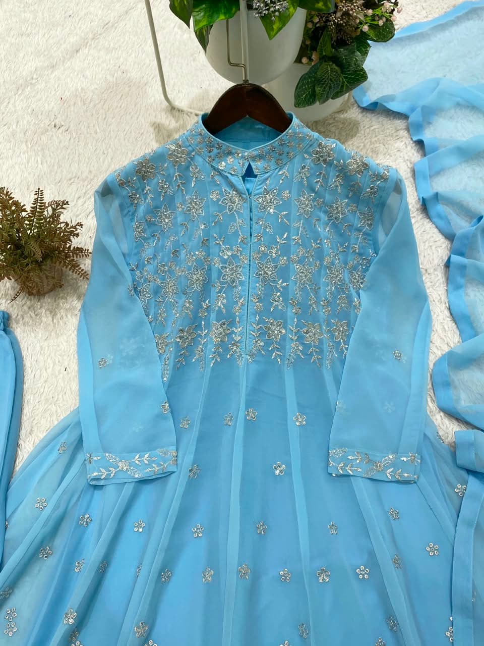 Designer Sequence Embroidered Georgette Top & Pant Set - Sky Blue photo 11