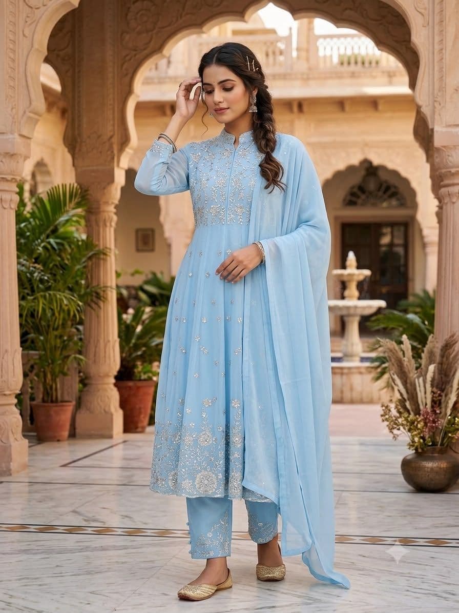 Designer Sequence Embroidered Georgette Top & Pant Set - Sky Blue photo 10