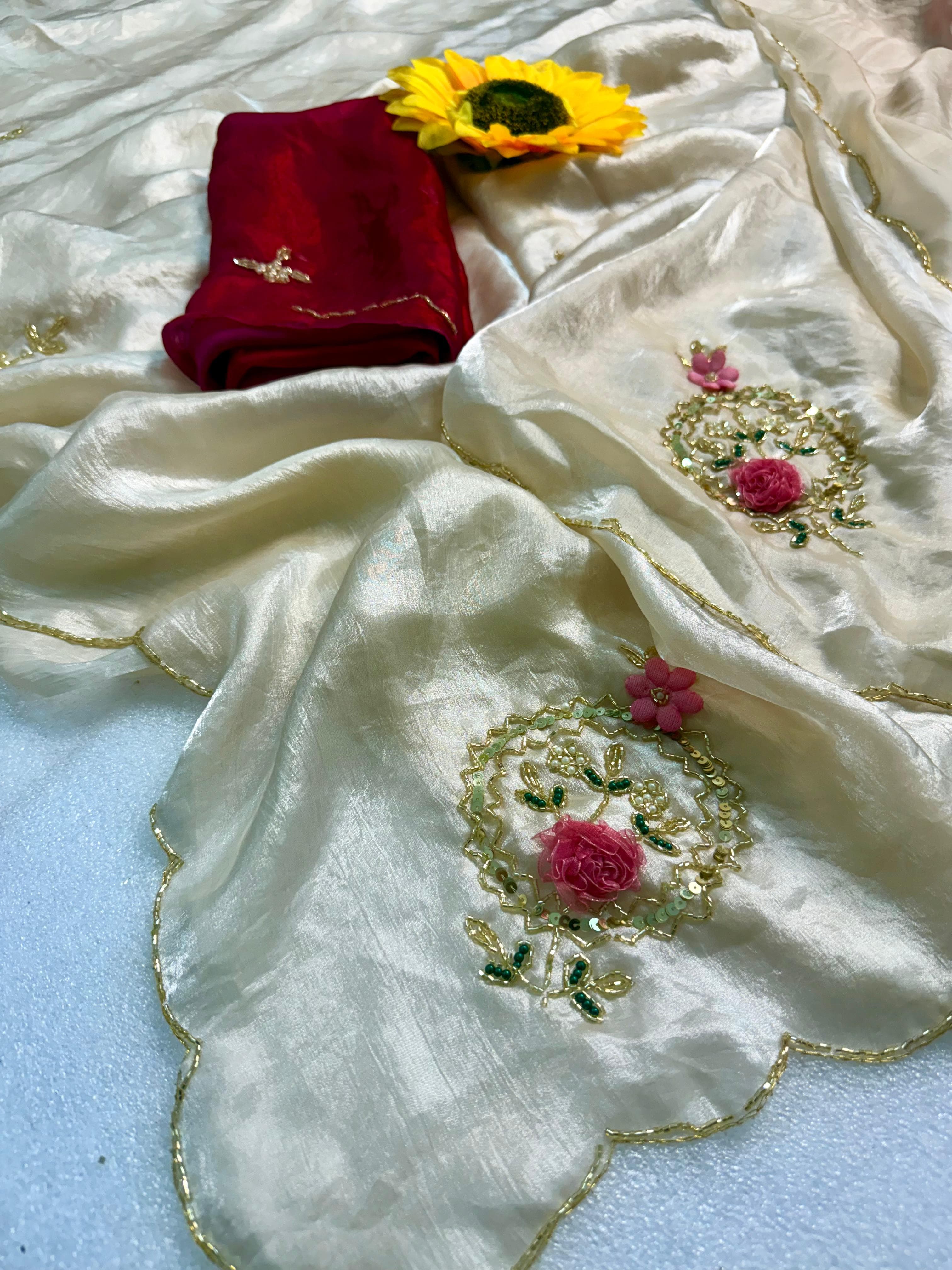 Exclusive Sequins & Katdana Handwork Saree Set - Champagne Cream Saree with Contrast Crimson Red Blous photo 2