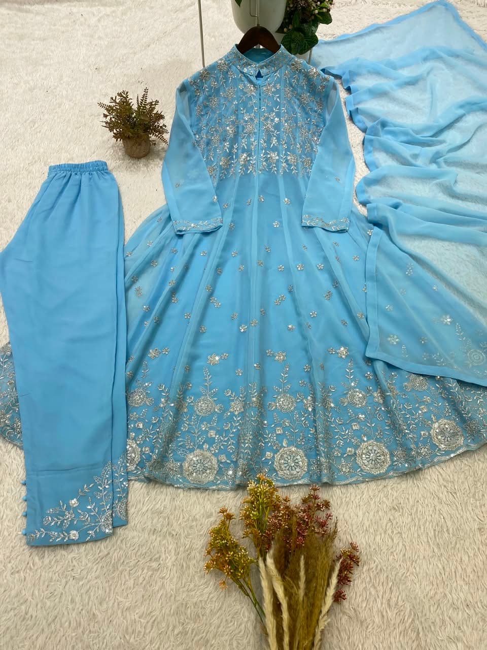 Designer Sequence Embroidered Georgette Top & Pant Set - Sky Blue photo 9