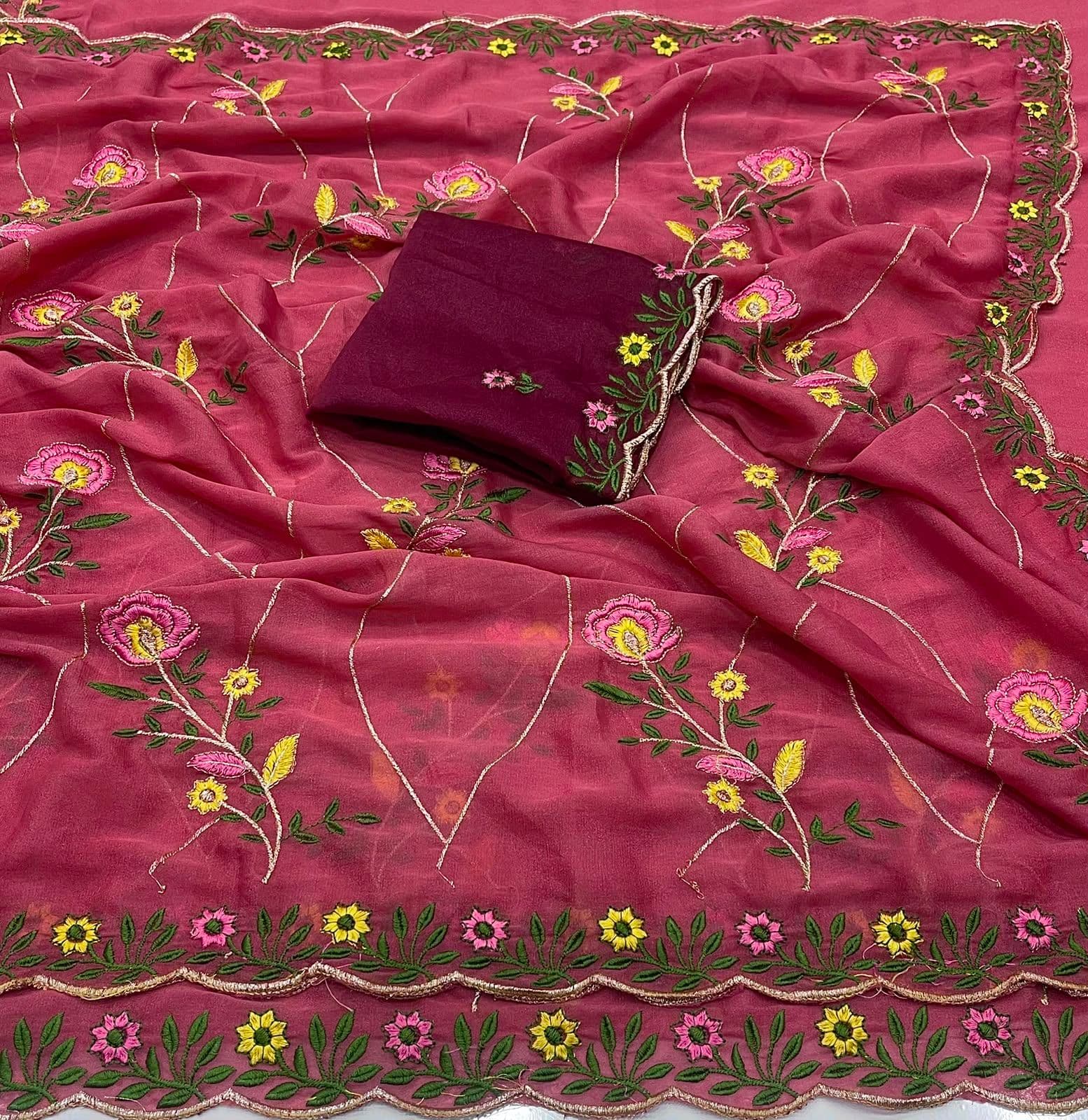 Star Georgette Embroidered Saree with Embroidered Blouse Piece - Rose Pink Saree with Contrast Deep Plum Blouse photo 8