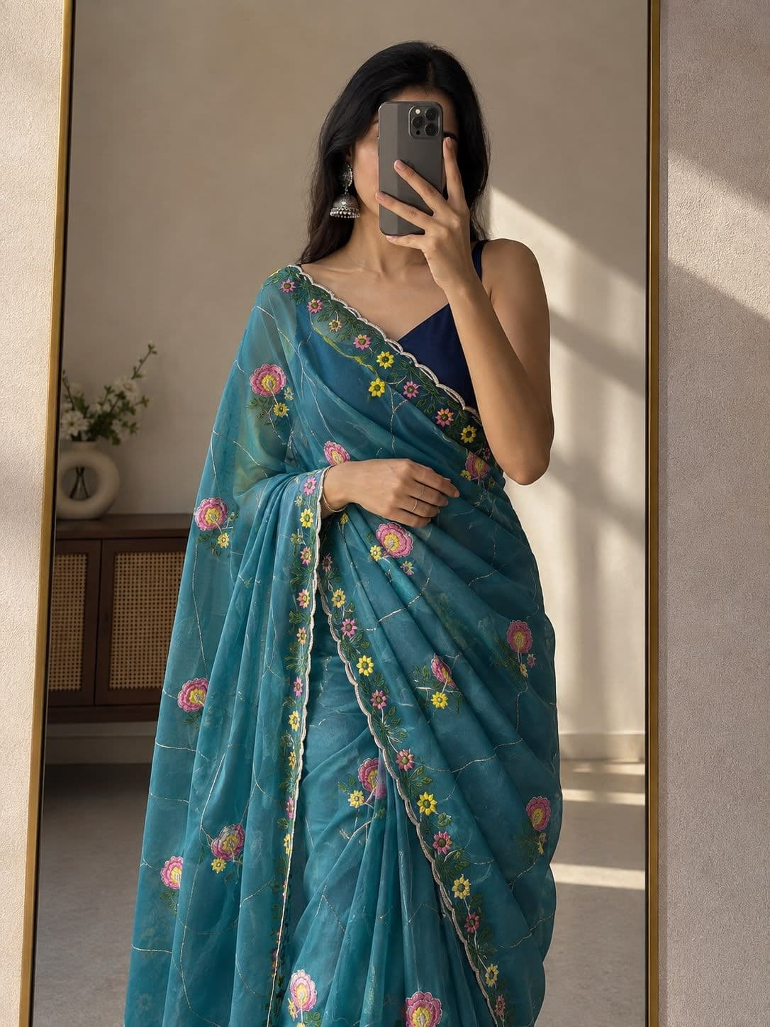 Star Georgette Embroidered Saree with Embroidered Blouse Piece - Peacock Teal Blue Saree with Contrast Navy Blue Blouse photo 14
