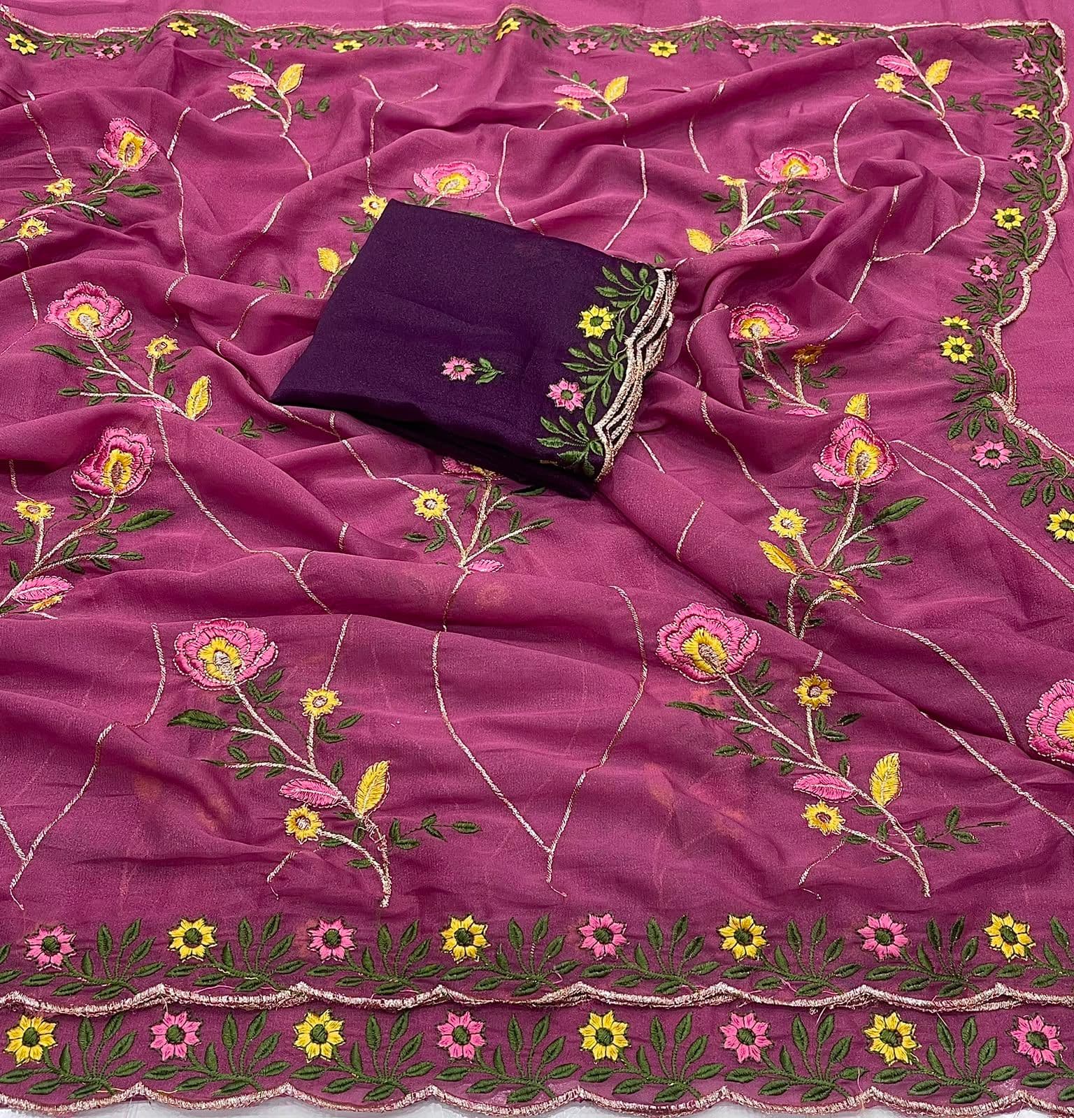 Star Georgette Embroidered Saree with Embroidered Blouse Piece - Mauve Plum Saree with Contrast Dark Plum Blouse photo 10