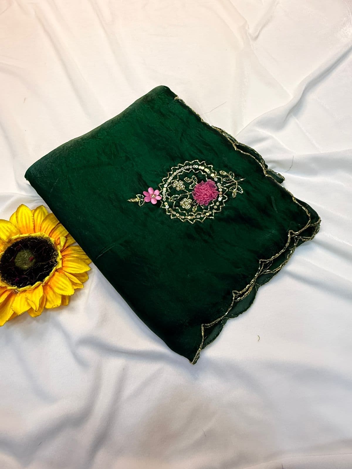 Exclusive Sequins & Katdana Handwork Saree Set - Dark Emerald Bottle Green photo 16