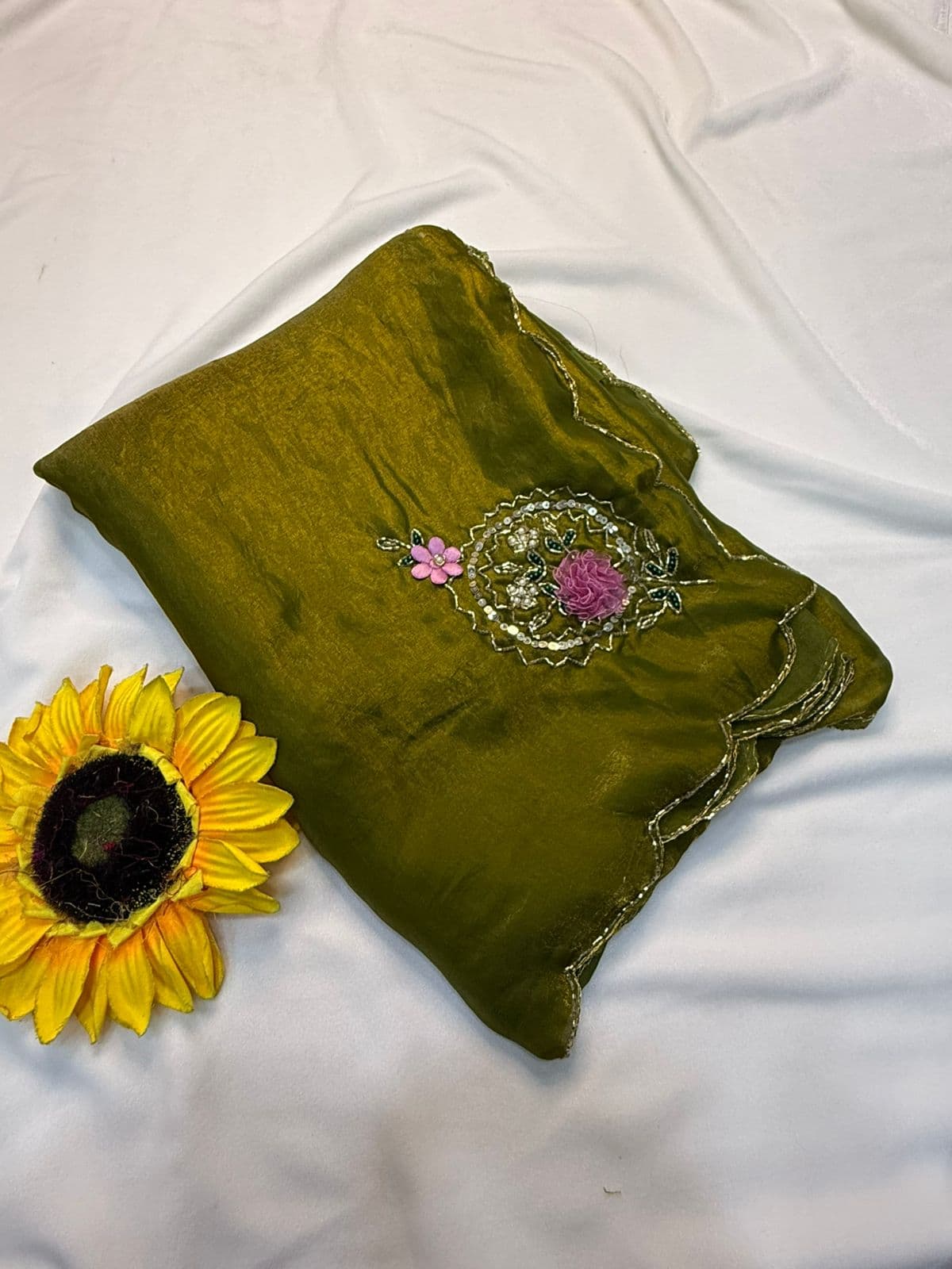 Exclusive Sequins & Katdana Handwork Saree Set - Metallic Mustard Green photo 10