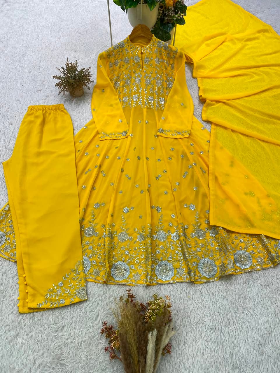 Designer Sequence Embroidered Georgette Top & Pant Set - Goldenrod Yellow photo 6