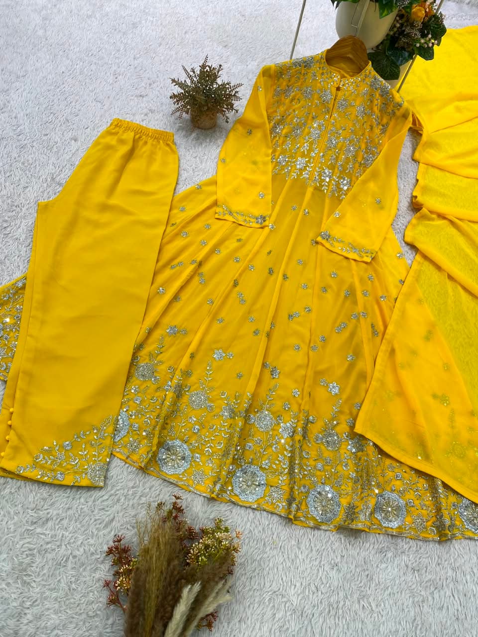 Designer Sequence Embroidered Georgette Top & Pant Set - Goldenrod Yellow photo 2