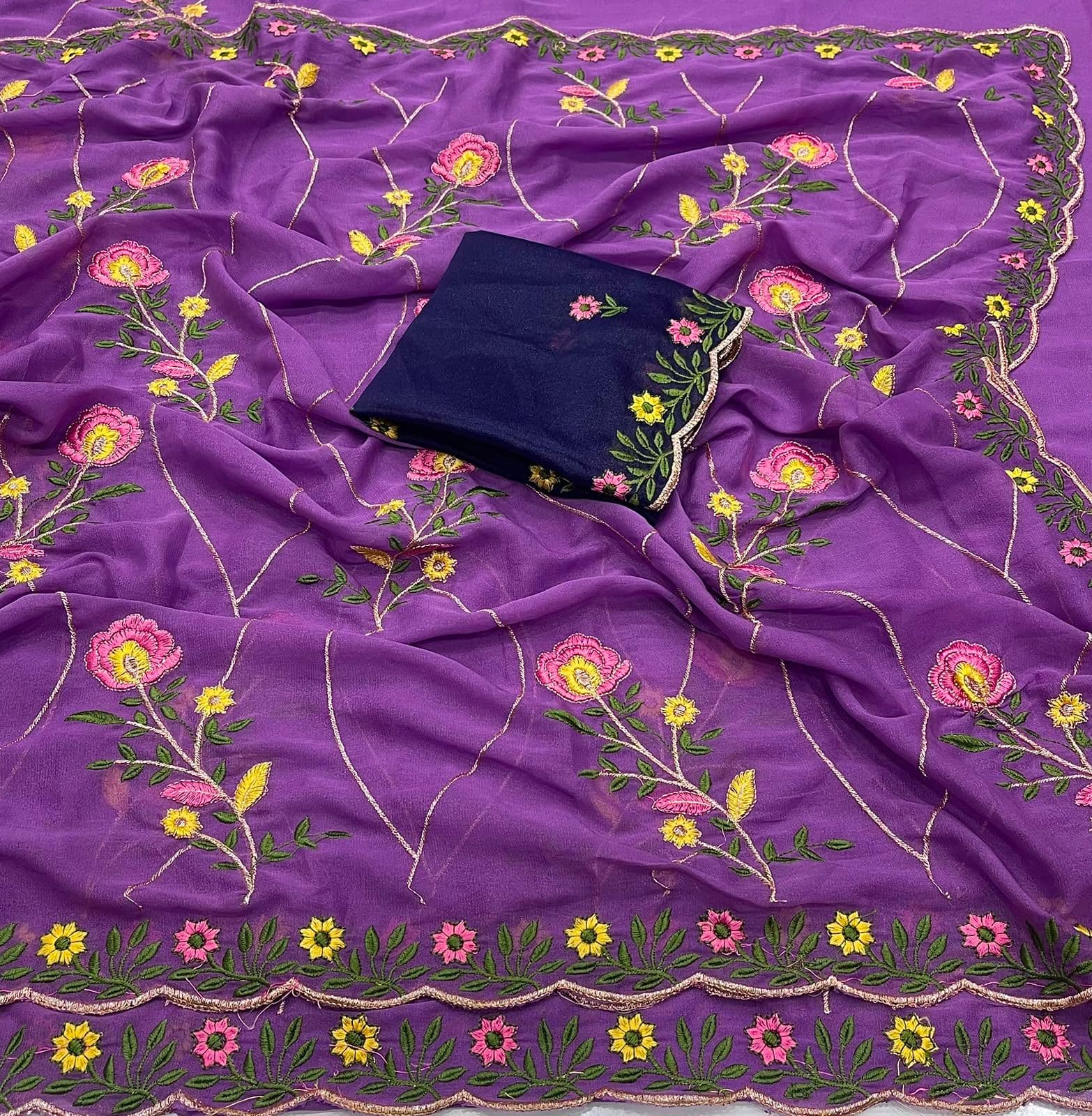 Star Georgette Embroidered Saree with Embroidered Blouse Piece - Royal Lavender Purple Saree with Contrast Navy Blue Blouse photo 4