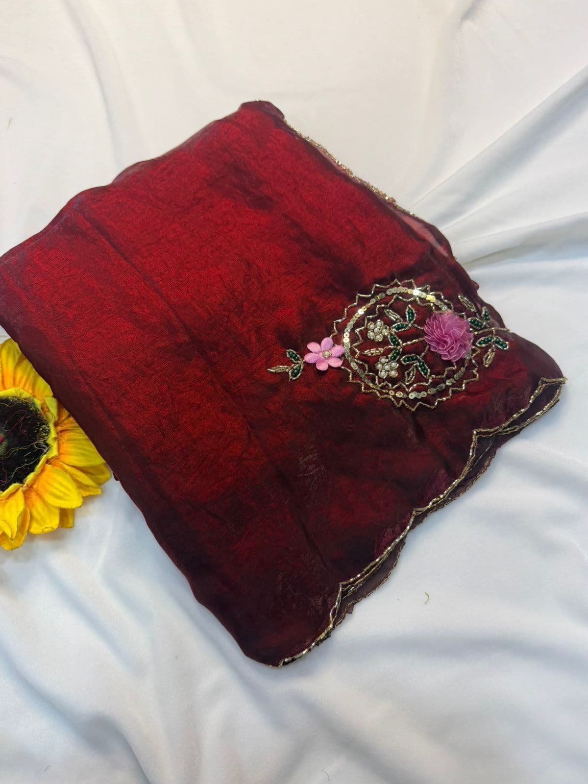Exclusive Sequins & Katdana Handwork Saree Set - Deep Wine Burgundy / Maroon photo 14
